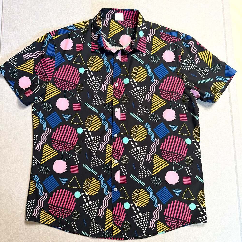Men’s XL Black Retro 80s Geometric Print Short Sleeve Button Up Shirt